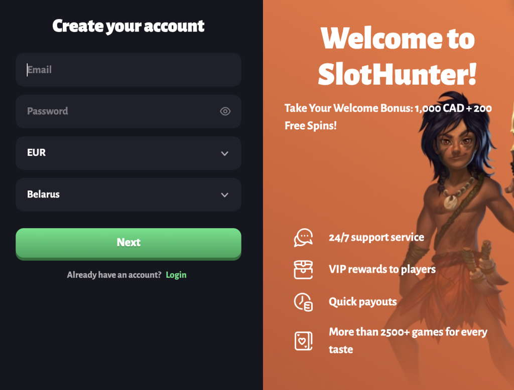Online Registration at Slothunter Casino